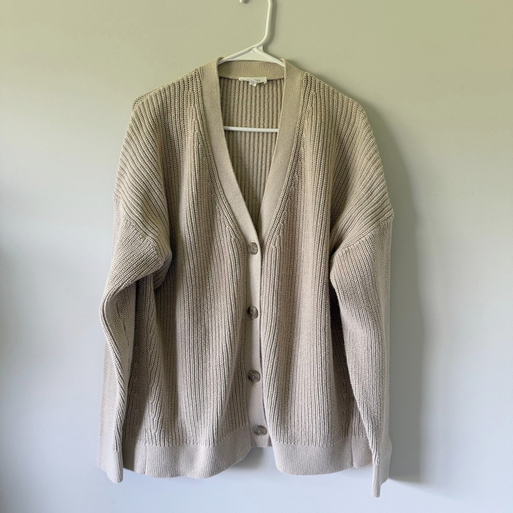 Haven Well Within Organic Cotton Ribbed Knit Cardigan Sweater Beige XL Oversized